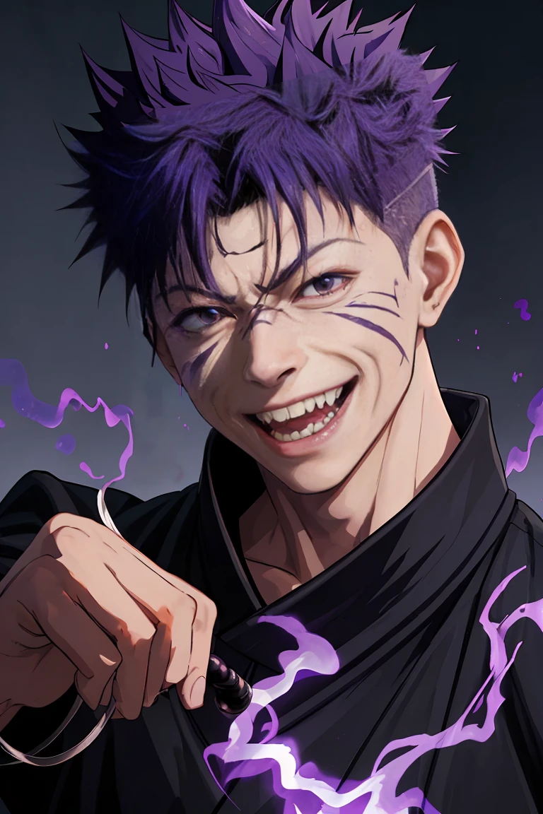 boy, cabelo roxo, cabelo spike, Jujutsu Kaisen roupas, brown skin color, black eye color laughing expression, realistic shadows, purple fire in the right hand, eye bandage, 4K, HD,
