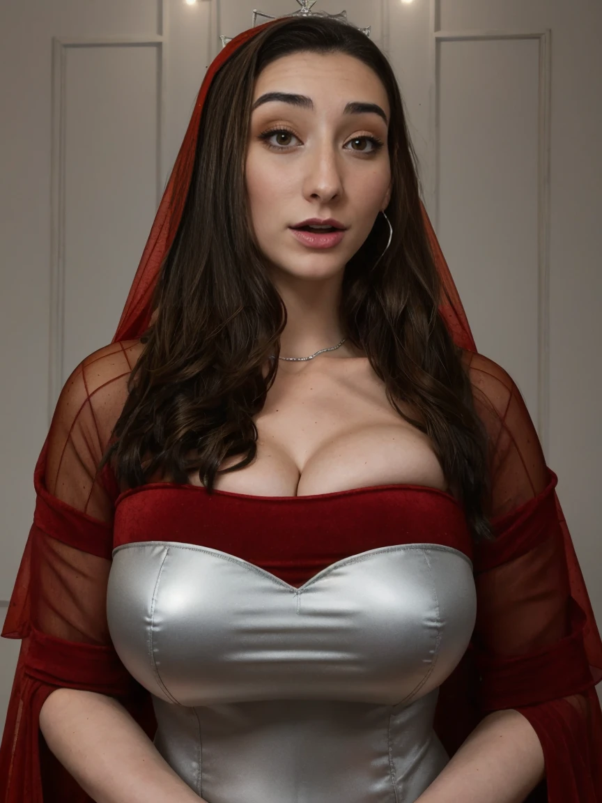 Gorgeous and sultry busty athletic (thin) brunette queen with sharp facial features wearing a dark red medieval dress, long sleeves, wide neck, crown, veil, long dress, modest dress, tight bodice, silver waist chain, medieval jewelry, Middle Ages, castle, rampart, wall, stained glass