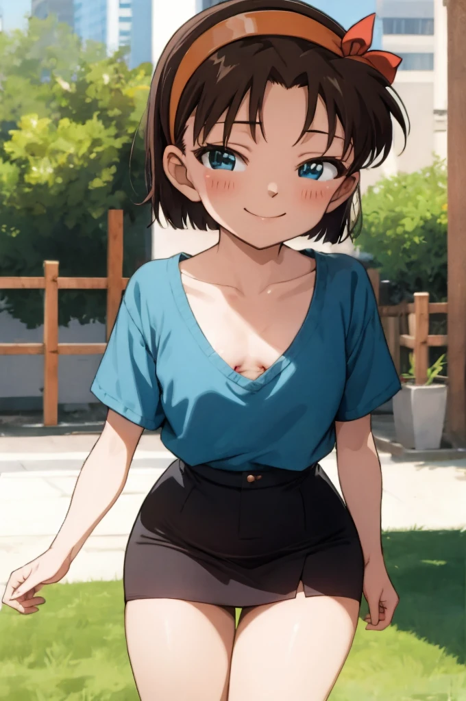 ayumiyoshida, , blue eyes, short hair, brown hair, bangs, hairband, , smile, ,,,outdoor,small breasts,,,miniskirt,nipple