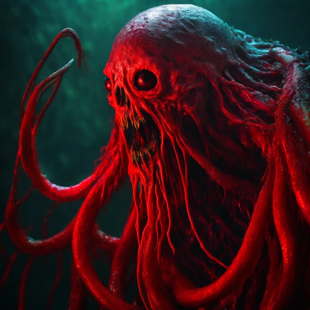 a slime humanoid, full length, red eyes all over the body, long tentacles, sharp teeth, Lovecraft aesthetics,