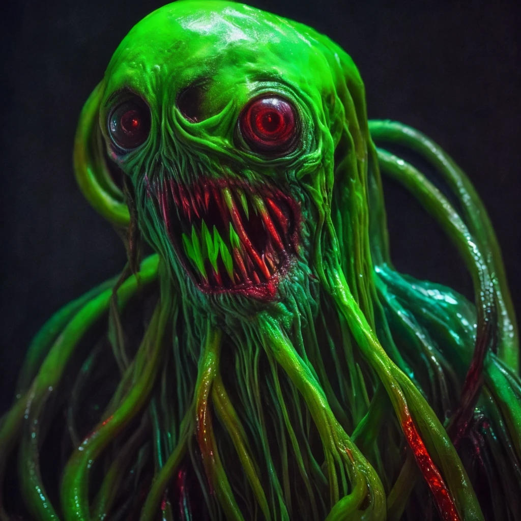 a slime humanoid, full length, red eyes all over the body, long tentacles, sharp teeth, Lovecraft aesthetics,