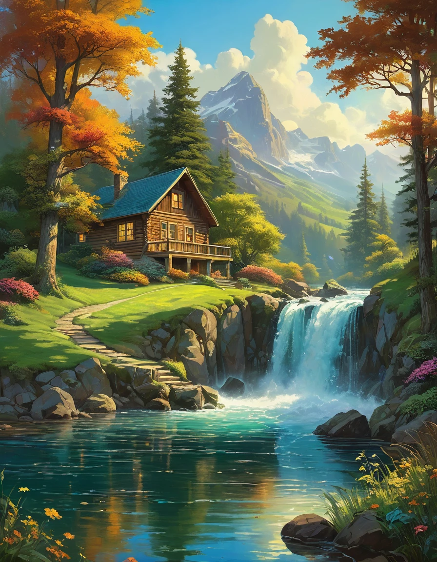 (Best Quality,,High quality,masterpiece:1.2),ultra detailed,(realist,photorealist,photo-realist:1.37),nature,scenic,Beautiful landscaperaining, rain, serene atmospher fres air,Majestic mountains,splendid waterfalls,pristine lakes,lush vegetation,tall trees,flowing rivers,wild flowers,distant horizon,dappled sunlight,vivid colors,Natural beauty,harmonious composition,symphonic harmony,tranquil waters,gentle breeze,quiet environment,Sun-drenched meadows,diverse fauna,serenity,serene retreat,Refreshing oasis,relaxing natural sounds,nature's embrace ULTRA Style Kilian Eng and Thomas Kinkade, Rob Gonsalves and Tim White , Silvain Sarriel. Rhads and Thomas Kinkade, inspired by RHADS, cyril rolando and m.I&#39;m confused, cyril rolando and m. I&#39;m confused, Rhads!!!, animated background, animated background art, beautiful anime scene, Over the clouds, wonderfull
