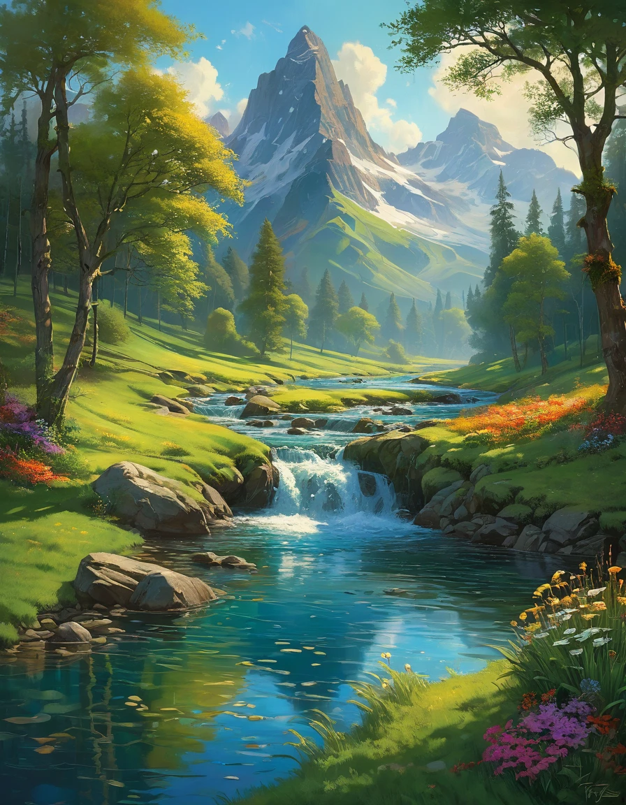 (Best Quality,,High quality,masterpiece:1.2),ultra detailed,(realist,photorealist,photo-realist:1.37),nature,scenic,Beautiful landscaperaining, rain, serene atmospher fres air,Majestic mountains,splendid waterfalls,pristine lakes,lush vegetation,tall trees,flowing rivers,wild flowers,distant horizon,dappled sunlight,vivid colors,Natural beauty,harmonious composition,symphonic harmony,tranquil waters,gentle breeze,quiet environment,Sun-drenched meadows,diverse fauna,serenity,serene retreat,Refreshing oasis,relaxing natural sounds,nature's embrace ULTRA Style Kilian Eng and Thomas Kinkade, Rob Gonsalves and Tim White , Silvain Sarriel. Rhads and Thomas Kinkade, inspired by RHADS, cyril rolando and m.I'm confused, cyril rolando and m. I'm confused, Rhads!!!, animated background, animated background art, beautiful anime scene, Over the clouds, wonderfull