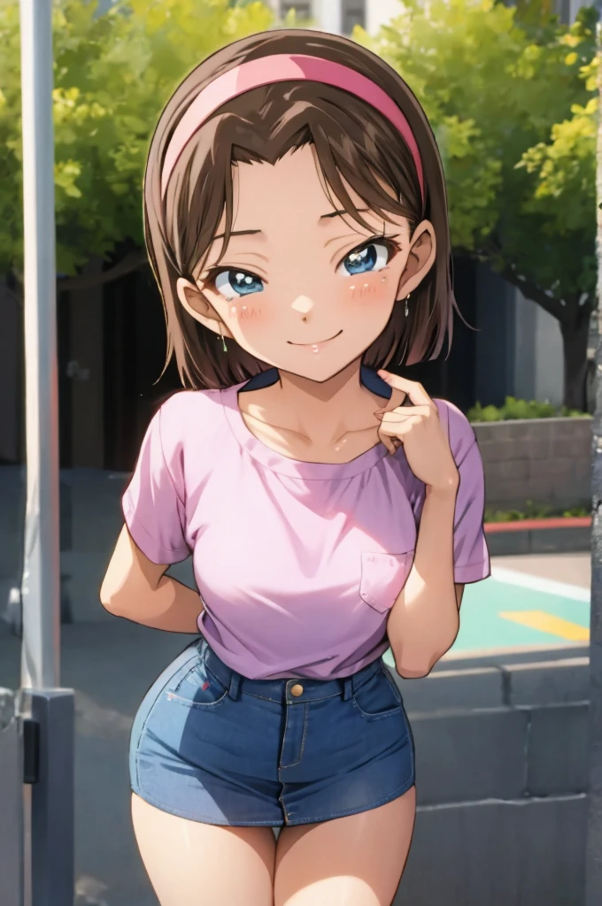 ayumiyoshida, , blue eyes, short hair, brown hair, bangs, hairband, , smile, ,,,outdoor,small breasts,,,miniskirt,(((gyaru)))