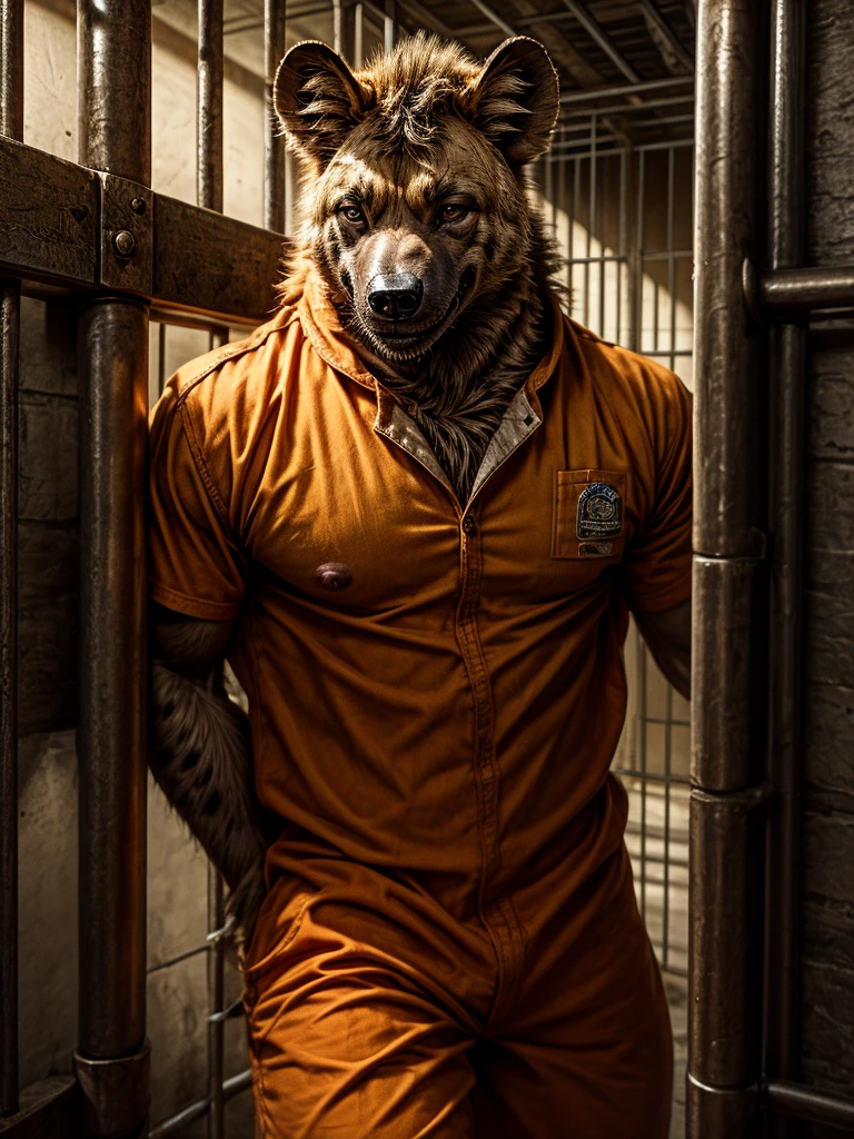 hyena, male, realistic,  (full nude, Solitary confinement, Prison orange uniform, jail,) prison, smile,