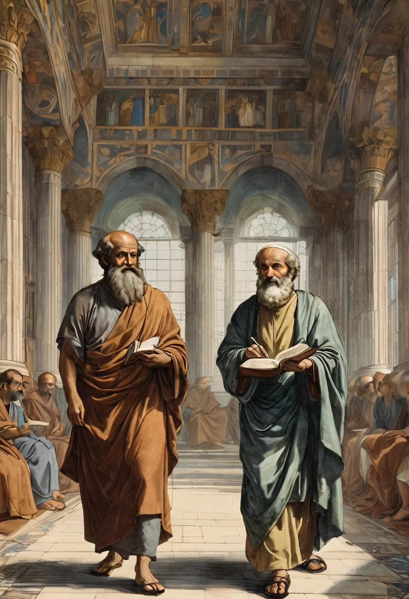 arafed painting of two  room with a ceiling, academic painting, portrait of aristotle, inspired by Theophanes the Greek, by Joseph Raphael, theophanes, wearing brown robes, philosopy, biblical art style, philosopher, by Anton Möller, monks, bible illustration, omnious background, stoicism