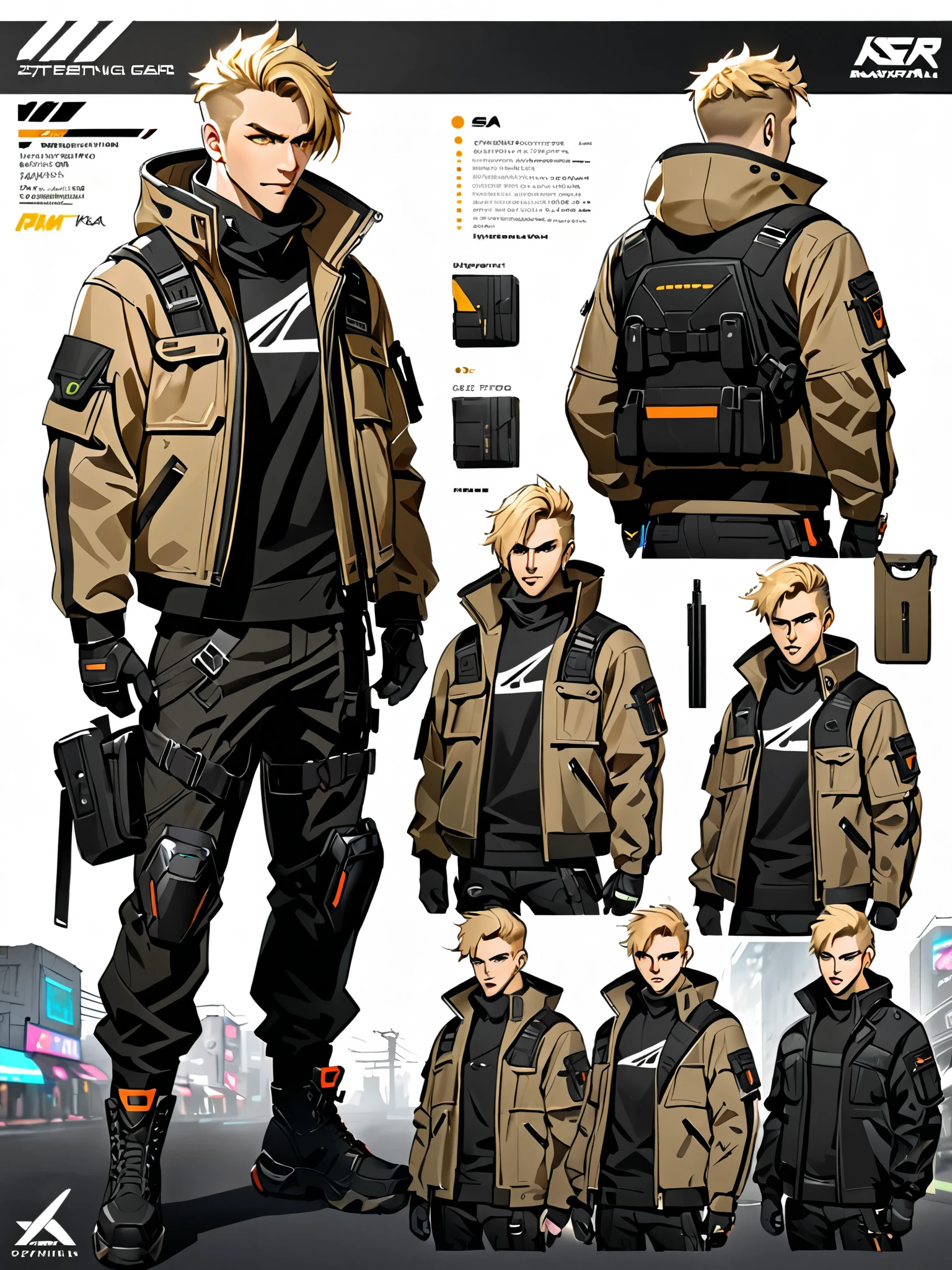 1male, blond-haired man in military uniform, cyberpunk street goon, hyper-realistic cyberpunk style, jetstream sam from metal gear, techwear look and clothes, cyberpunk streetwear, cyberpunk soldier, young blonde boy fantasy thief, soldier outfit, wearing techwear and armor, wearing japanese techwear, soldier 7 6 from overwatch, wearing cyberpunk streetwear, green eyes. ((Character Sheet Full-Length)). ((Solo, solo focus)).