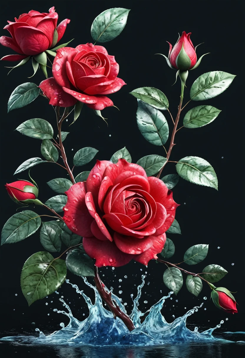 Create a mesmarising 3D water colour splashes branch with big red rose flowers and leaves, illustration, 3d render, vibrant, dark fantasy, mysterious cinematic