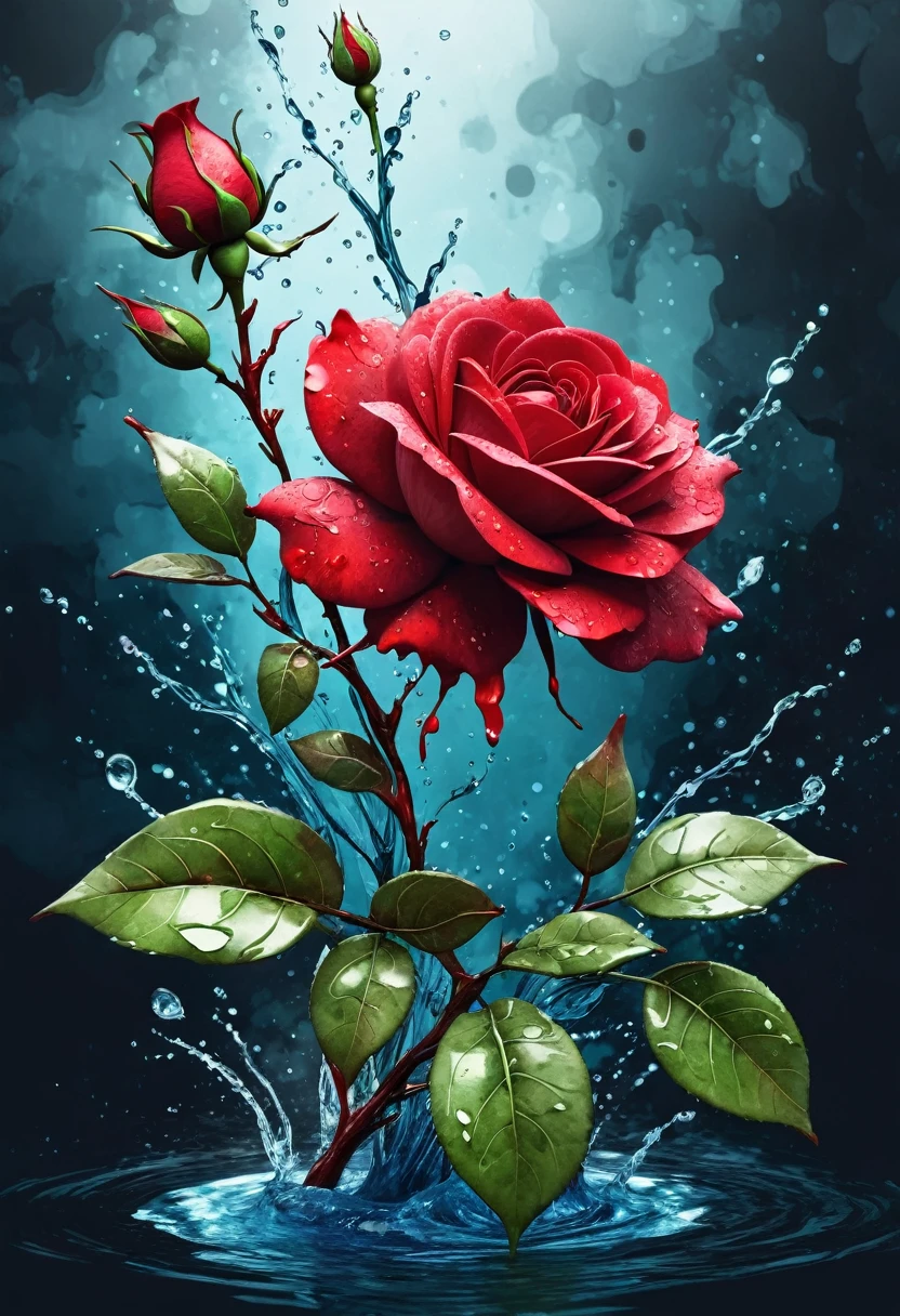 Create a mesmarising 3D water colour splashes branch with big red rose flowers and leaves, illustration, 3d render, vibrant, dark fantasy, mysterious cinematic