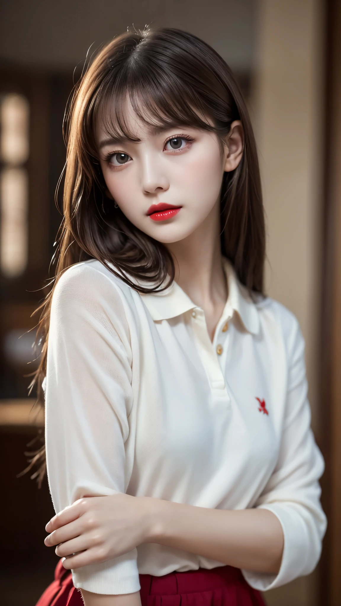 (Highest quality,8k,High resolution,masterpiece:1.2),Digital Art, girl，Delicate face，Delicate eyes，Shallow brown hair，Long Straight Hair，Sparkling amber eyes，Red lips，Polo shirt ，particle，Dust，Warm colors，shy，in love，(HD Skins)，Shallow depth of field