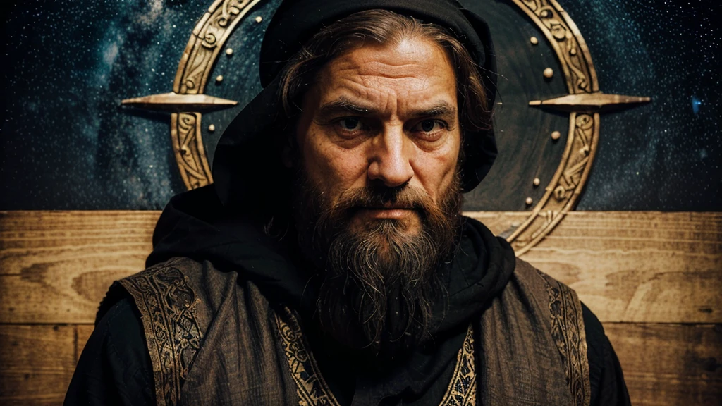 An old man with a long, straight beard, wearing a black tunic, depicted in a woodcut illustration style with realistic colors. The man is shown in a deeply emotional state, struggling with intellectual pride and the temptation to rely solely on his own reason. His expression reflects inner conflict and eventual surrender. The background features Christian symbols: a radiant cross and light, representing the divine source of true wisdom. Elements like an open Bible and a vast, starry sky symbolize the mystery of existence and the fragility of human understanding.