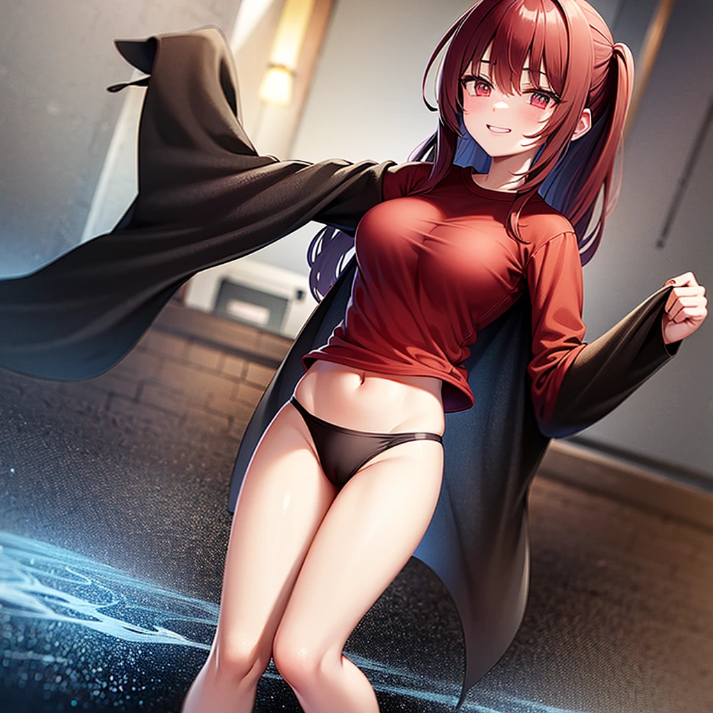 A girl with dark crimson red hair and maroon eyes with a black and red shirt that covers her whole torso and sweatpants and smiling and a background with volcanoes and fire wearing nothing with breasts showing