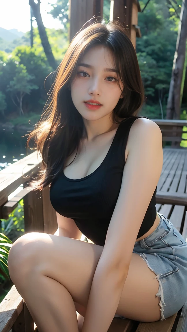 no, Ray Tracing, Radio City, Anisotropic filtration, 16,000, best quality, 1 woman, alone, mature,  beautiful mountain climber, Shorts, light singlet, Gradient long hair, laugh、sunset ,((big breasts)) (((Old bridge in the deep forest))) Sit with your knees raised.