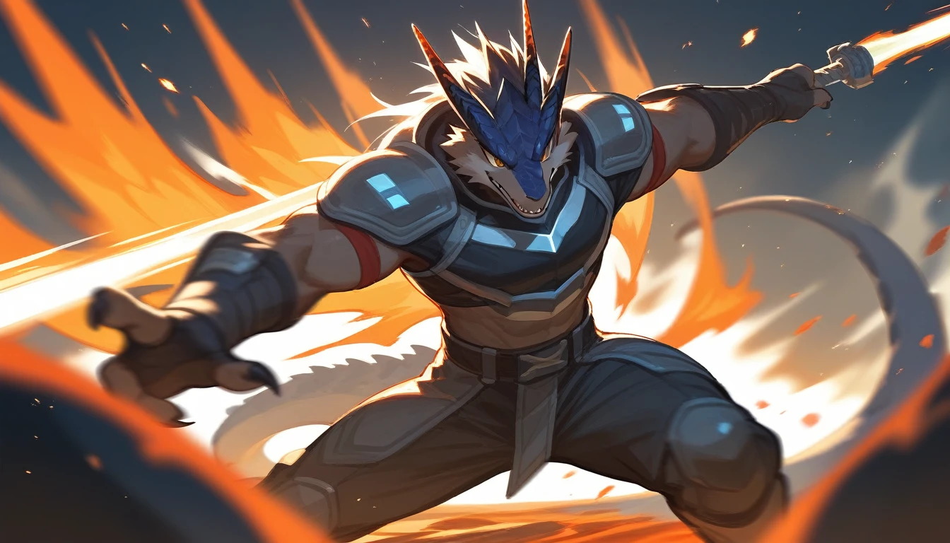 top quality, high-quality illustrations((masterpiece))depth of field, motion blur, absurdres, Perfect Anatomy, magnificent picture of kemono fighting fierce battles, kemono, 1boy, solo focus, Anthro((dramatic))epic, weapon, dynamic pose, One scene of movie,FURRY，dragon
