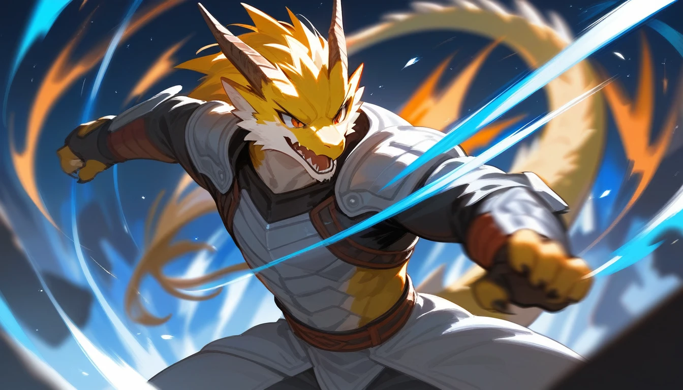 top quality, high-quality illustrations((masterpiece))depth of field, motion blur, absurdres, Perfect Anatomy, magnificent picture of kemono fighting fierce battles, kemono, 1boy, solo focus, Anthro((dramatic))epic, weapon, dynamic pose, One scene of movie,FURRY,dragon