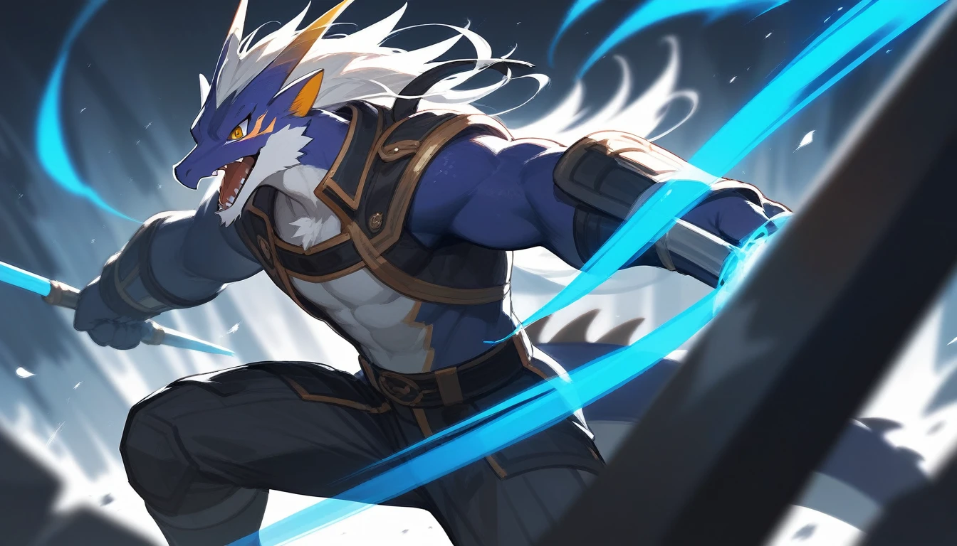 top quality, high-quality illustrations((masterpiece))depth of field, motion blur, absurdres, Perfect Anatomy, magnificent picture of kemono fighting fierce battles, kemono, 1boy, solo focus, Anthro((dramatic))epic, weapon, dynamic pose, One scene of movie,FURRY,dragon
