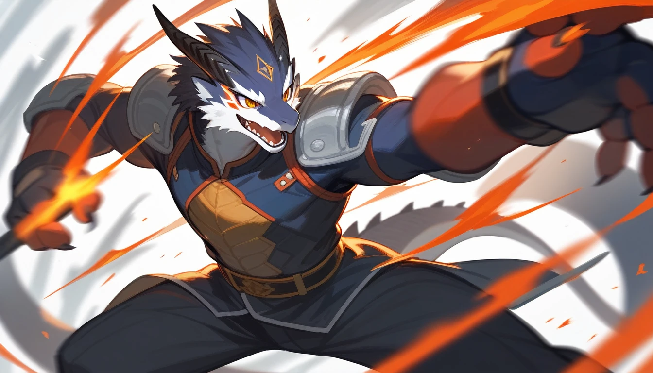 top quality, high-quality illustrations((masterpiece))depth of field, motion blur, absurdres, Perfect Anatomy, magnificent picture of kemono fighting fierce battles, kemono, 1boy, solo focus, Anthro((dramatic))epic, weapon, dynamic pose, One scene of movie,FURRY，dragon
