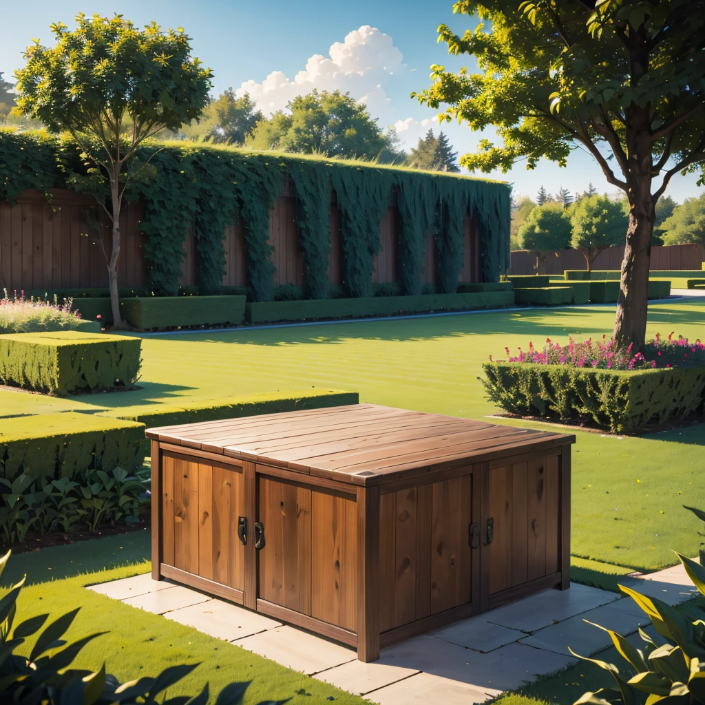 Wooden boxes on the grass, from which vines hang, plants
