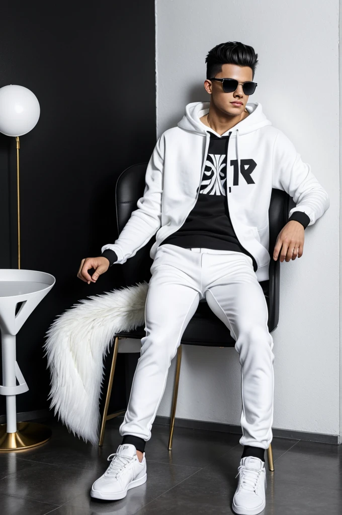 A 25-year-old boy sits in a black and white king  chair against a black wall, holding a white falco. He’s dressed in a 3D white “Toxicboy” name , a white hoodie, black pants, white shoes, and sunglasses. This vibrant and stylish scene exudes confidence and modern fashion.