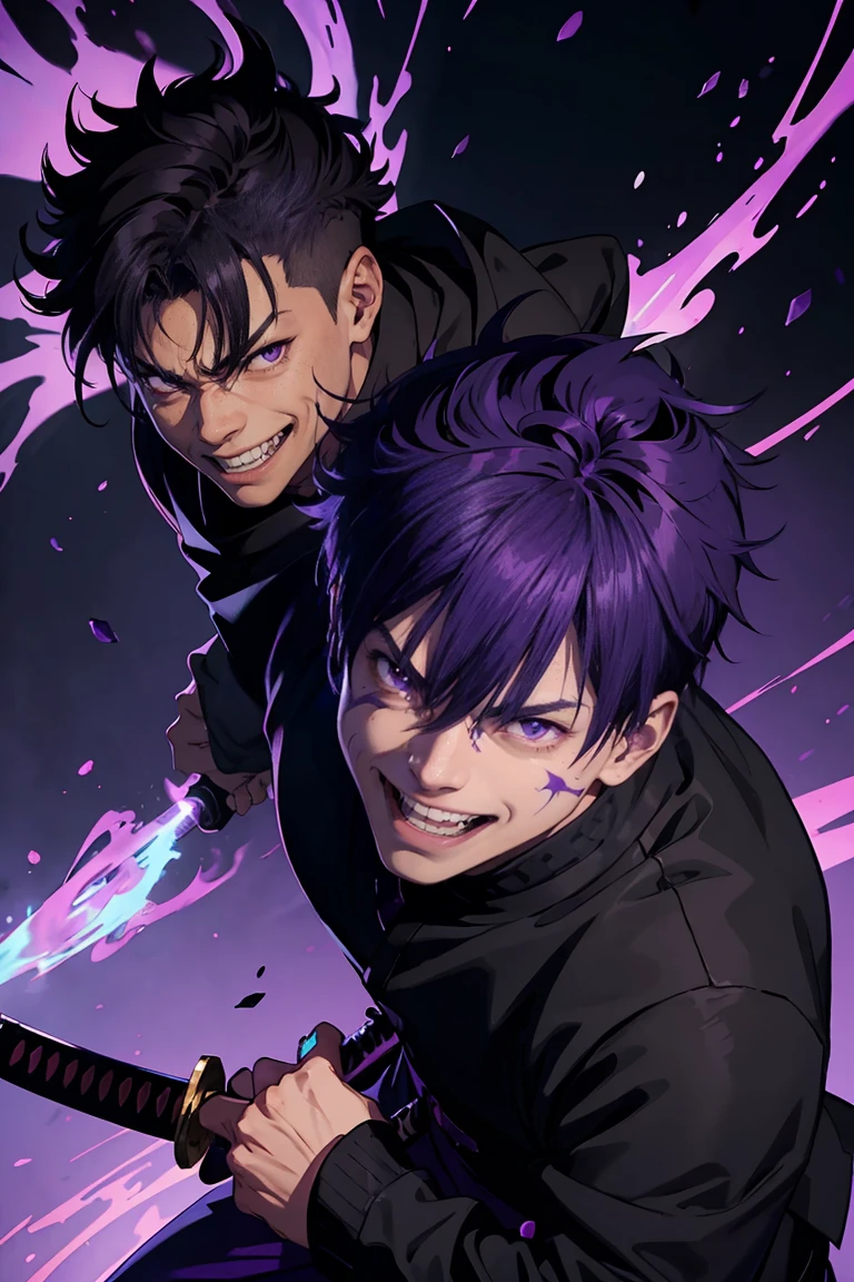 boy, cabelo roxo, cabelo spike, Jujutsu Kaisen roupas, brown skin color, black eye color laughing expression, realistic shadows, purple fire in the right hand, holding a katana with the blade on fire in purple color, 4K, HD,