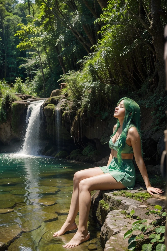 A captivating anime scene of a long-haired girl sitting on a rock in a lush, enchanting forest. She's playing a guitar with an air of pure joy, her bright green hair flowing behind her. The forest is teeming with life, and a majestic waterfall cascades nearby, pouring into a shimmering pool. The sunlight filters through the trees, creating a mesmerizing play of light and shadow. The vibrant colors, high-quality detail, and 16:9 aspect ratio make this a stunning and immersive scene., anime, vibrant