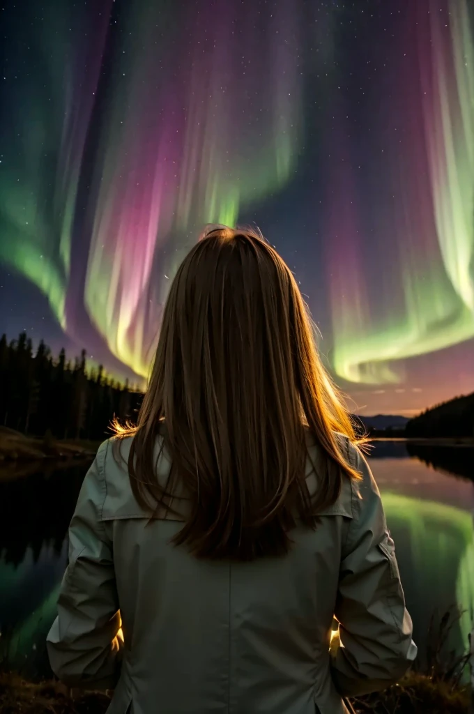 1 girl with her back looking at the Northern Lights, chestnut hair, green forest, perfect lighting