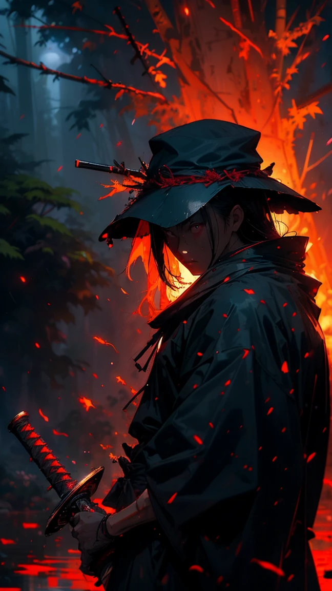 (Best Quality,ultra detailed),dark,wet,artificial raindrops falling,ancient japanese warrior standing in the rain,japanese traditional bamboo hat(fail),dense forest landscape,majestic and serene nature,full moon shining brightly in the night sky,black kimono with fluorescent red stripes that glow in the moonlight,samurai sword sharpened and drawn(katana),
