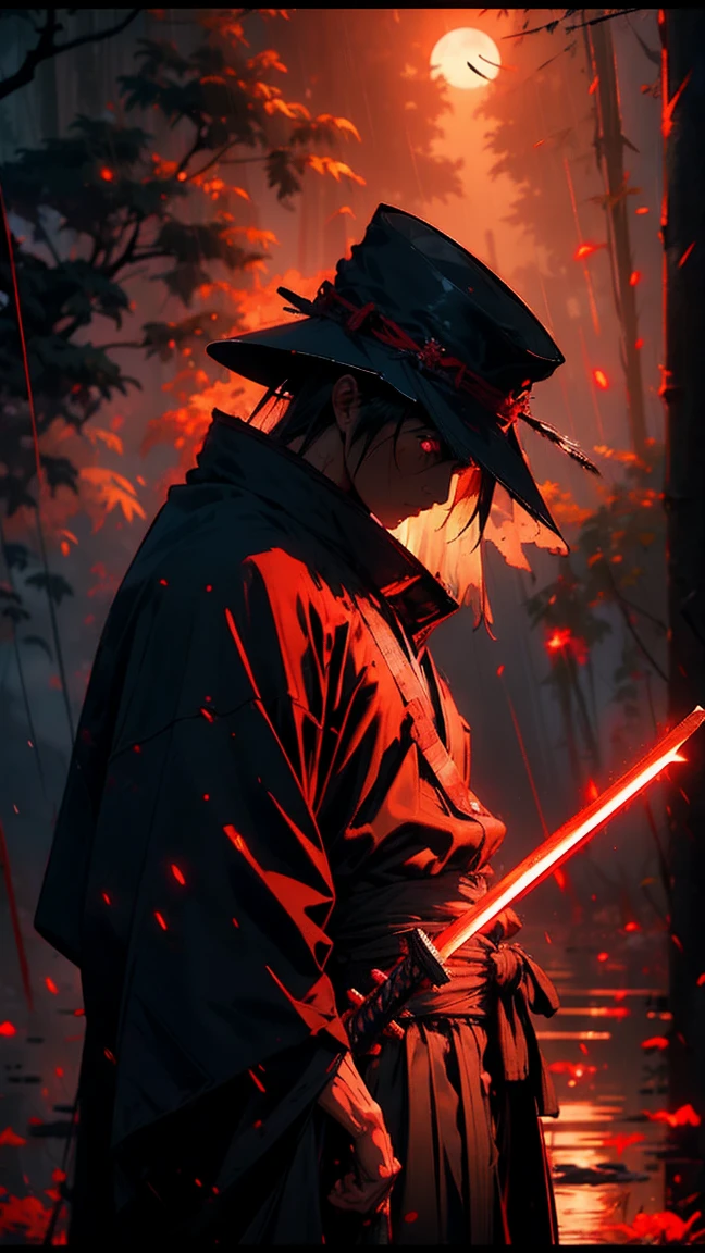 (Best Quality,ultra detailed),dark,wet,artificial raindrops falling,ancient japanese warrior standing in the rain,japanese traditional bamboo hat(fail),dense forest landscape,majestic and serene nature,full moon shining brightly in the night sky,black kimono with fluorescent red stripes that glow in the moonlight,samurai sword sharpened and drawn(katana),
