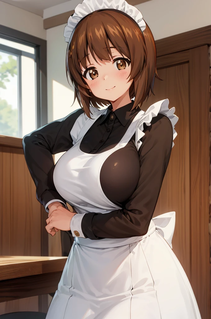 1girl, solo, girls und panzer, nishizumi miho,  brown eyes, brown hair, short hair, (maid uniform:1.4),closed mouth,happy,indoors, cafe ,huge breasts