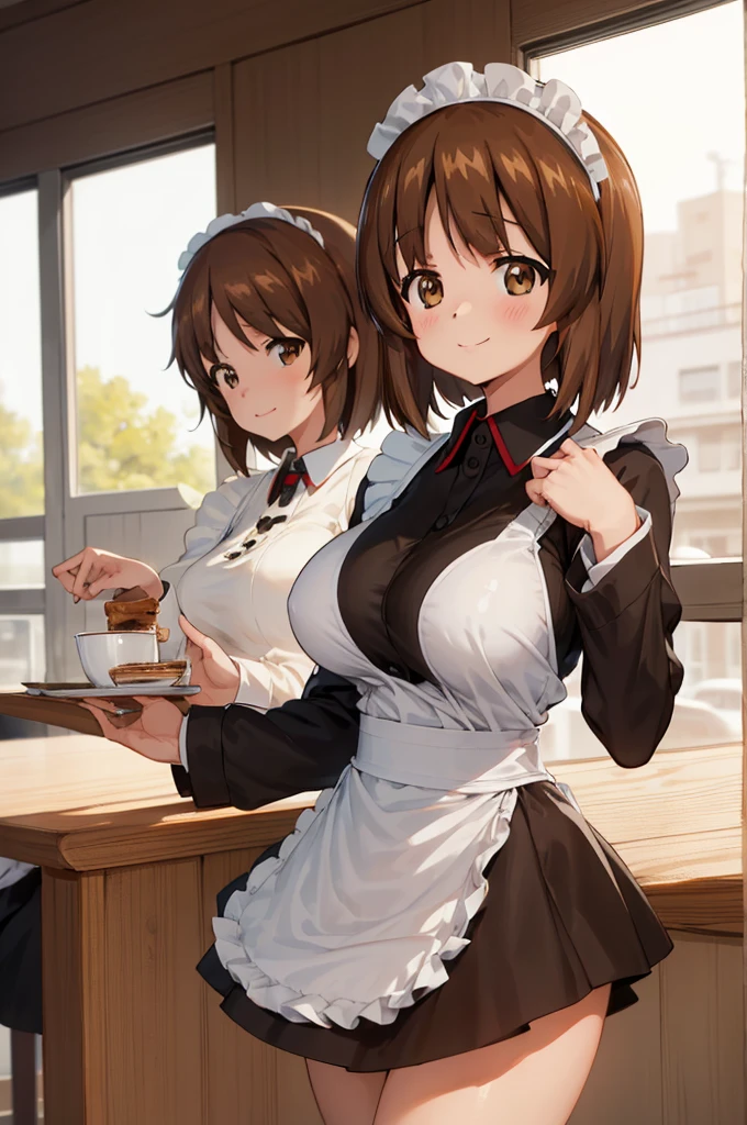 1girl, solo, girls und panzer, nishizumi miho,  brown eyes, brown hair, short hair, (maid uniform:1.4),closed mouth,happy,indoors, cafe ,huge breasts