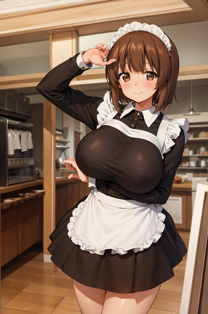 1girl, solo, girls und panzer, nishizumi miho,  brown eyes, brown hair, short hair, (maid uniform:1.4),closed mouth,happy,indoors, cafe ,huge breasts