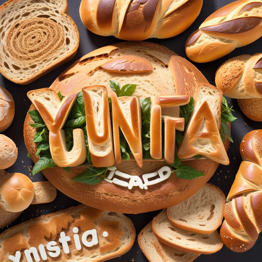 "YUNITA FRESH MADE" text logo made of bread
