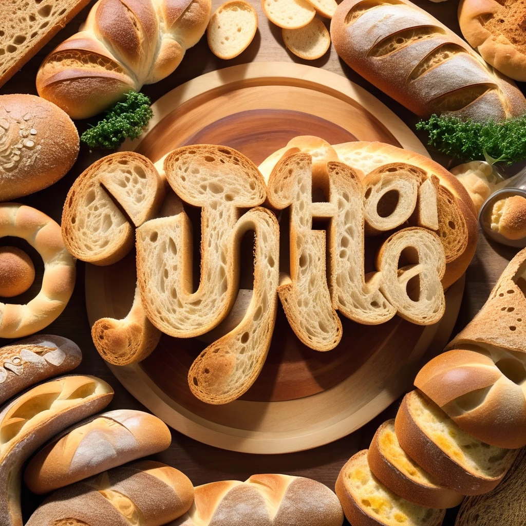 "YUNITA FRESH MADE" text logo  made of bread  
