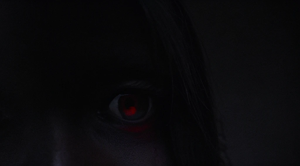 A haunting image of a black woman, possessed by a demonic entity, with a sinister blood-red eye on her forehead. The eerie atmosphere captures the dark, supernatural essence of the possession, with the woman's intense gaze and the blood eye symbolizing the malevolent force within her.
