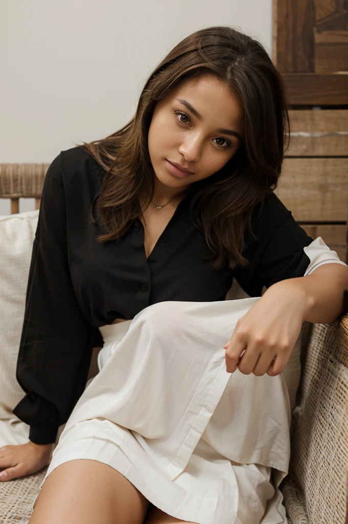 photography,Girl, 25 years, Brown hair, slim, light brown skin, Nubian nose, sitting with white blouse, black skirt