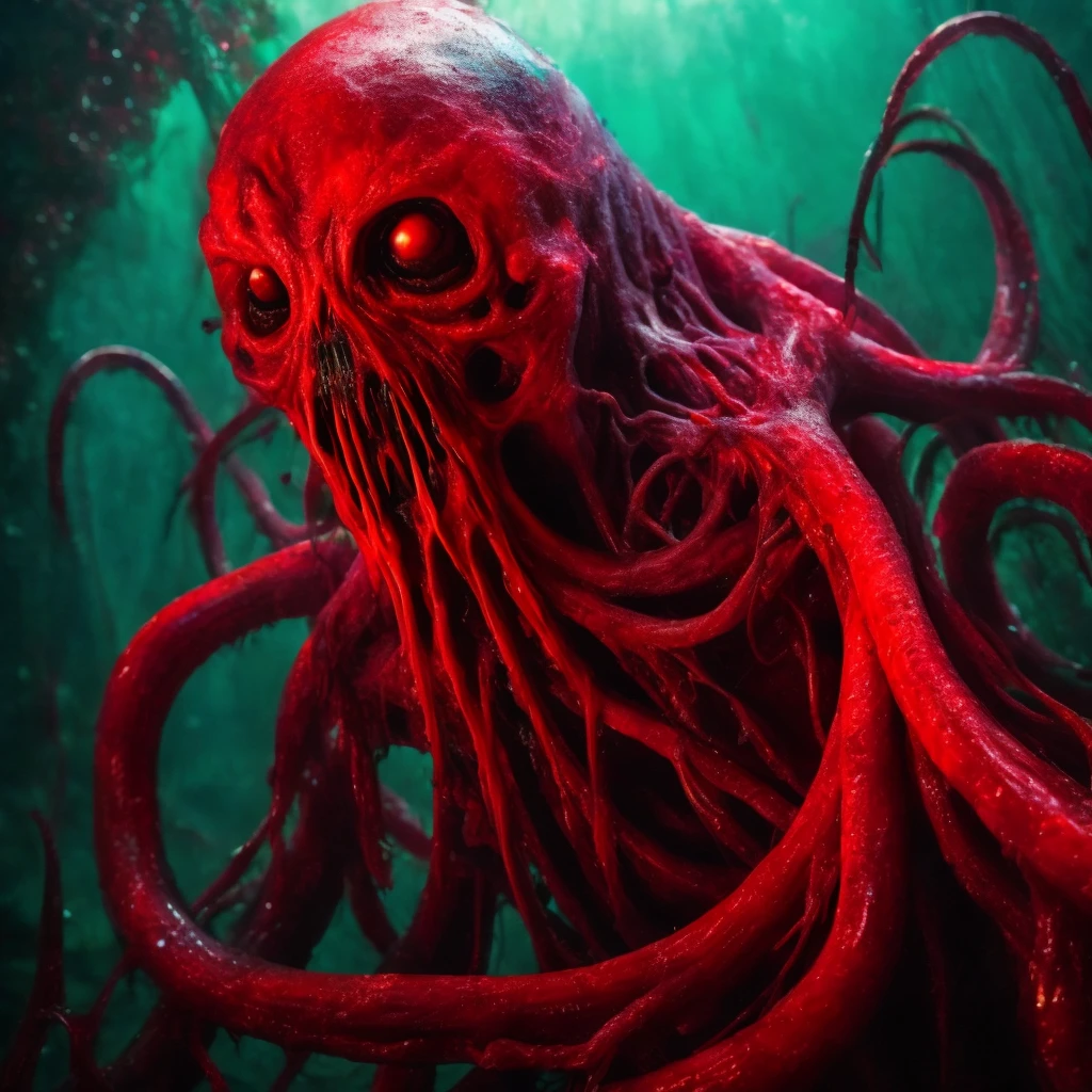 a slime humanoid, full length, red eyes all over the body, long tentacles, sharp teeth, Lovecraft aesthetics