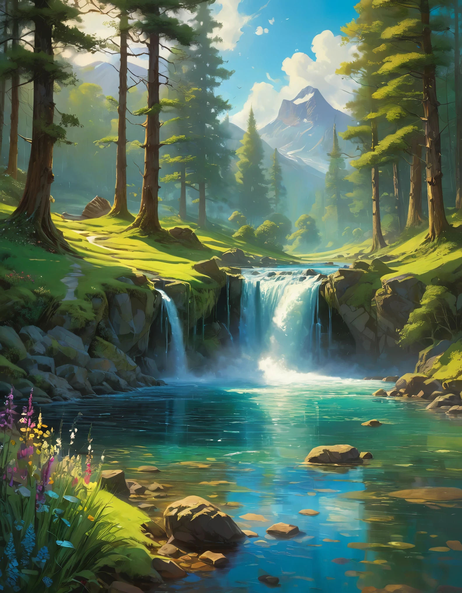 (Best Quality,,High quality,masterpiece:1.2),ultra detailed,(realist,photorealist,photo-realist:1.37),nature,scenic,Beautiful landscaperaining, rain, serene atmospher fres air,Majestic mountains,splendid waterfalls,pristine lakes,lush vegetation,tall trees,flowing rivers,wild flowers,distant horizon,dappled sunlight,vivid colors,Natural beauty,harmonious composition,symphonic harmony,tranquil waters,gentle breeze,quiet environment,Sun-drenched meadows,diverse fauna,serenity,serene retreat,Refreshing oasis,relaxing natural sounds,nature's embrace ULTRA Style Kilian Eng and Thomas Kinkade, Rob Gonsalves and Tim White , Silvain Sarriel. Rhads and Thomas Kinkade, inspired by RHADS, cyril rolando and m.I'm confused, cyril rolando and m. I'm confused, Rhads!!!, animated background, animated background art, beautiful anime scene, Over the clouds, wonderfull