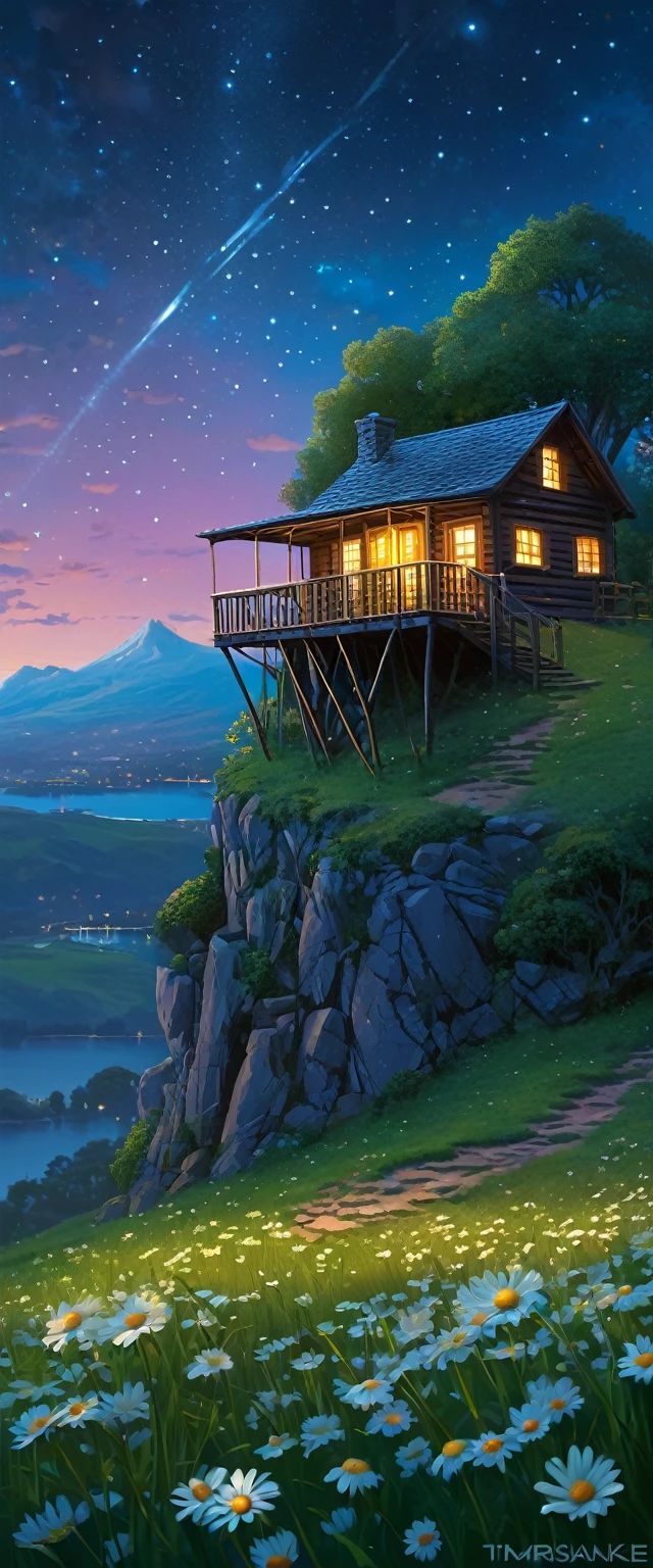 masterpiece, UTRA HD, 8k ,FULL anime-realistic scene of a cabin under a tree, on the edge of a cliff, a field with daisy flowers, that serene night, quiet, , with some small fireflies emerging from the grassland,ULTRA Style Kilian Eng and Thomas Kinkade, Rob Gonsalves and Tim White , silvain sarriel. Rhads and Thomas Kinkade, inspired by RHADS, cyril rolando and m.I&#39;m confused, cyril rolando and m. I&#39;m confused, Rhads!!!, animated background, animated background art, beautiful anime scene, Over the clouds, Kilian Eng y Thomas Kinkade, Rob Gonsalves y Tim White., silvain sarriel, Rhads y Thomas Kinkade, inspired by RHADS, cyril rolando and m.I&#39;m confused, cyril rolando and m. I&#39;m confused, Rhads!
