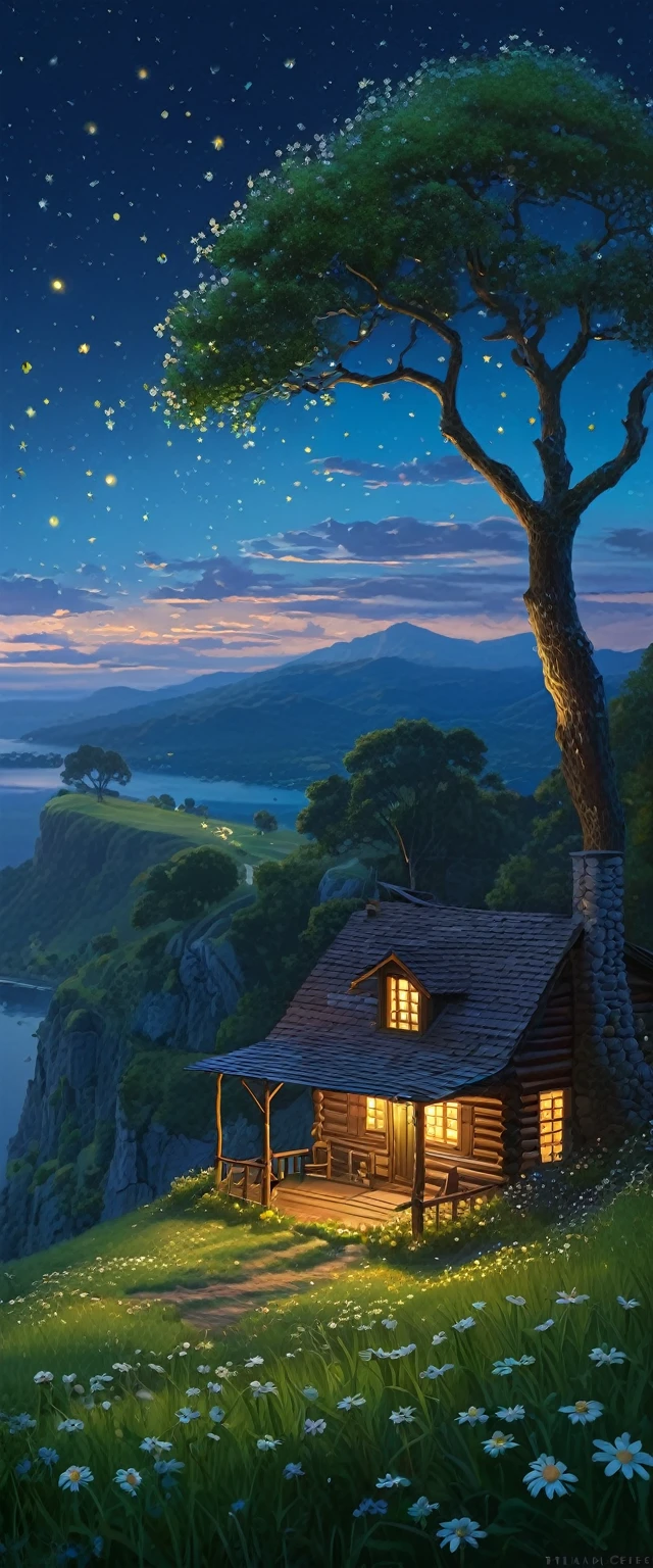 masterpiece, UTRA HD, 8k ,FULL anime-realistic scene of a cabin under a tree, on the edge of a cliff, a field with daisy flowers, that serene night, quiet, , with some small fireflies emerging from the grassland,ULTRA Style Kilian Eng and Thomas Kinkade, Rob Gonsalves and Tim White , silvain sarriel. Rhads and Thomas Kinkade, inspired by RHADS, cyril rolando and m.I'm confused, cyril rolando and m. I'm confused, Rhads!!!, animated background, animated background art, beautiful anime scene, Over the clouds, Kilian Eng y Thomas Kinkade, Rob Gonsalves y Tim White., silvain sarriel, Rhads y Thomas Kinkade, inspired by RHADS, cyril rolando and m.I'm confused, cyril rolando and m. I'm confused, Rhads!
