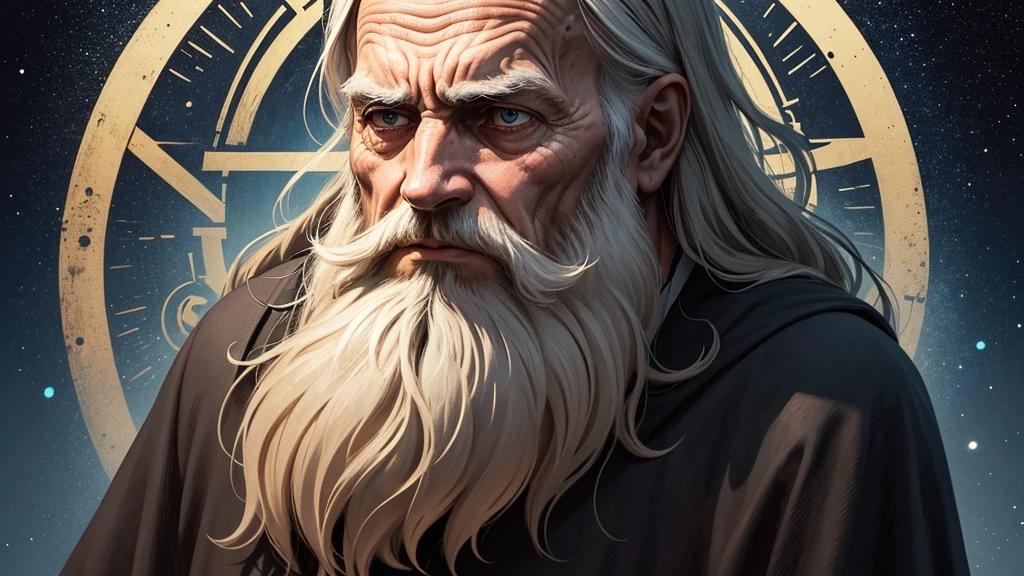 An old man with a long, straight beard, wearing a black tunic, depicted in a woodcut illustration style with realistic colors. The man is shown in a deeply emotional state, struggling with intellectual pride and the temptation to rely solely on his own reason. His expression reflects inner conflict and eventual surrender. The background features Christian symbols: a radiant cross and light, representing the divine source of true wisdom. Elements like an open Bible and a vast, starry sky symbolize the mystery of existence and the fragility of human understanding.