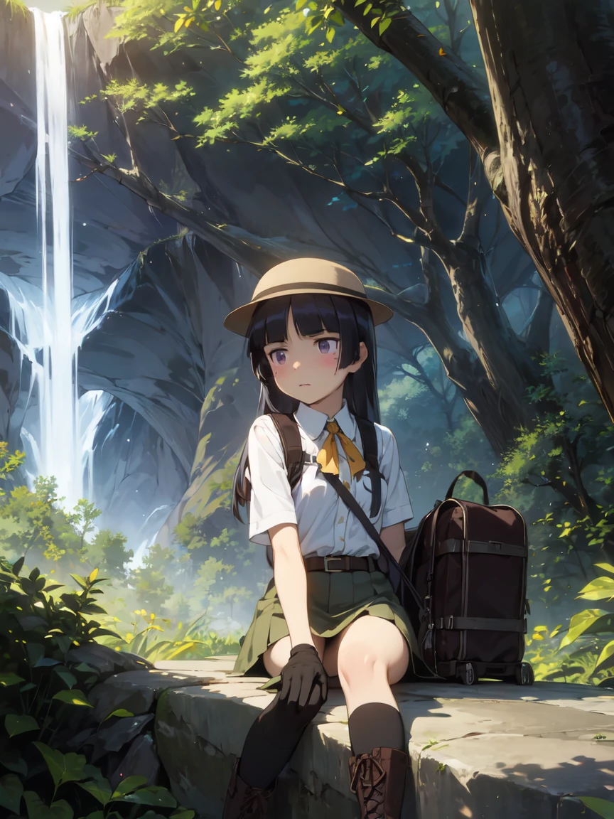 (masterpiece, Highest quality),  (ruri gokou), blush, Black Hair, Mole, Mole under eye, One Girl, Long Hair, Hime cut, Jungle exploration, flashlight, telescope, Ruck sack, rope, a notepad.  
Utility Vest, Safari Hat, Hiking boots, Durable gloves.
(In front of a large waterfall、Holding an ancient map), The waterfall&#39;s spray is flying。, 
,Rock surface texture, Contrast between light and shadow, The mysterious atmosphere of nature. 