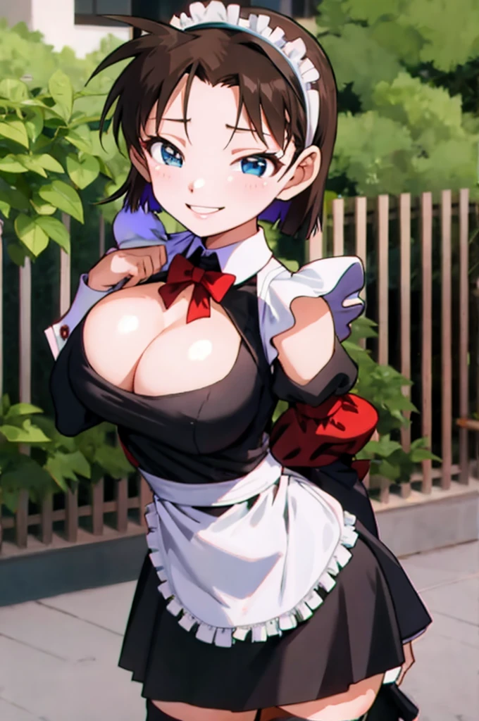 ayumiyoshida, , blue eyes, short hair, brown hair, bangs, hairband, , smile, ,,,outdoor,medium breasts,,(((maid costume))),miniskirt,big breasts