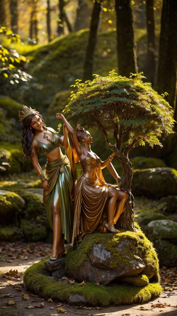 Fancy figurine, created from carefully collected autumn leaves, dances gracefully on the edge of a moss-covered terracotta pot. In the background - thick, bright forest, through the crowns of which dappled sunlight breaks through, creating intricate shadows. The scene has an ephemeral aesthetic with warm, earthy shades of sienna, umber and olive green, complemented by hints of emerald and golden light, causing a feeling of admiration and fascination, like from a fantasy world.