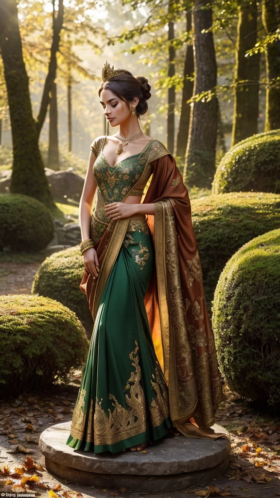 Fancy figurine, created from carefully collected autumn leaves, dances gracefully on the edge of a moss-covered terracotta pot. In the background - thick, bright forest, through the crowns of which dappled sunlight breaks through, creating intricate shadows. The scene has an ephemeral aesthetic with warm, earthy shades of sienna, umber and olive green, complemented by hints of emerald and golden light, causing a feeling of admiration and fascination, like from a fantasy world.