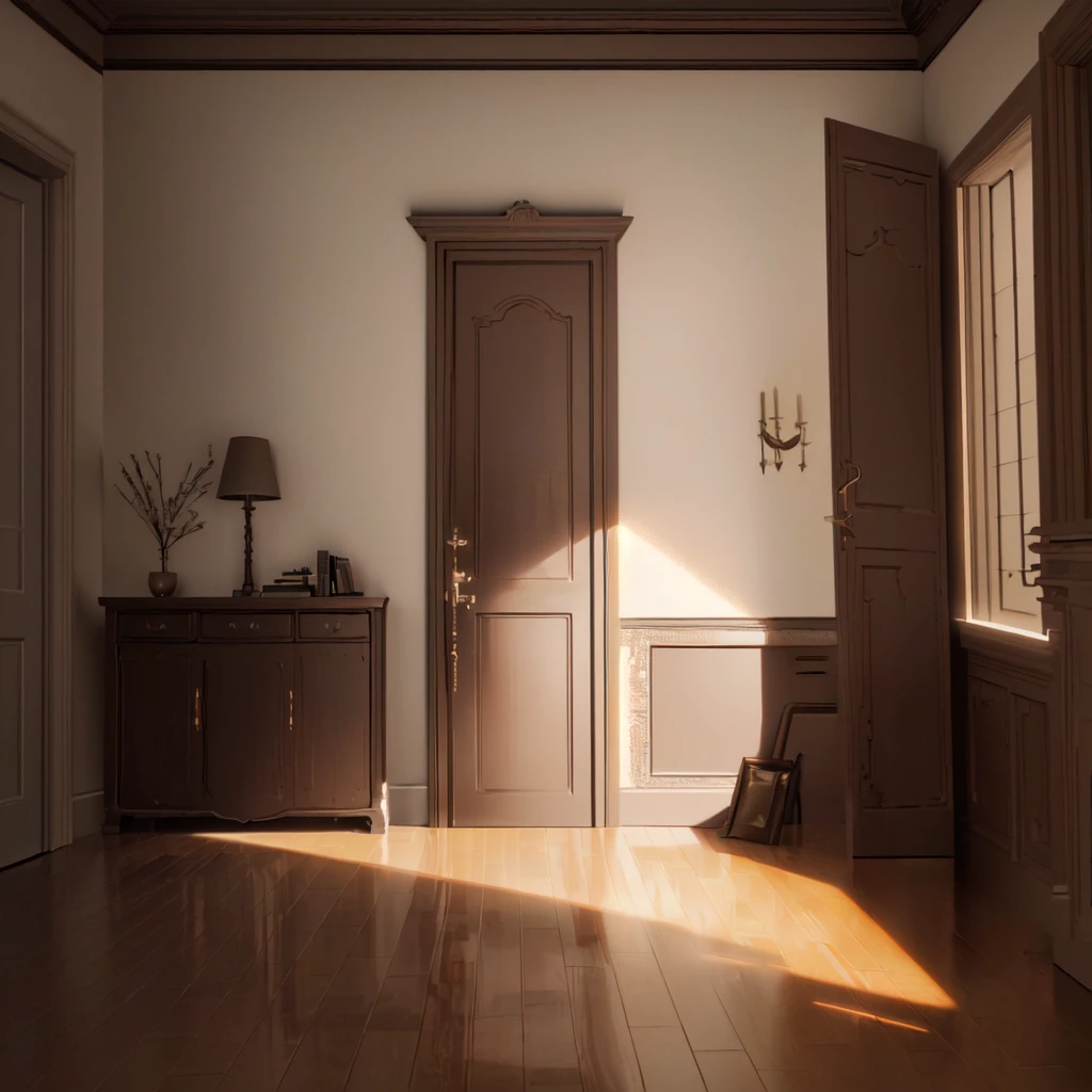 there is a room with a door and a dresser, rendered in unreal engine, rendered in unreal engine 3, rendered in unreal engine 3d, rendered in unreal engine 6, Made in Unreal Engine 4, realistic render of unreal engine, rendering in unreal engine, photorealistic room, realistic evening lighting, photorealistic unreal engine, rendered in unreal, unreal engine rendering