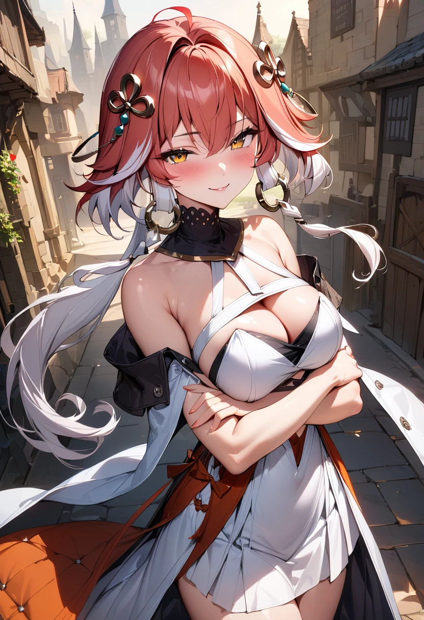 (masterpiece),(best quality),(ultra-detailed),(best illustration),(best shadow),(absurdres),(detailed background),(very aesthetic), changli(wuwa), 1girl, breasts, solo, dress, cleavage, orange eyes, looking at viewer, bare shoulders, white dress, medium breasts, blush, red hair, streaked hair, white hair, seductive smile, from the front, cowboy shot, crossed arms, medieval city background, night,