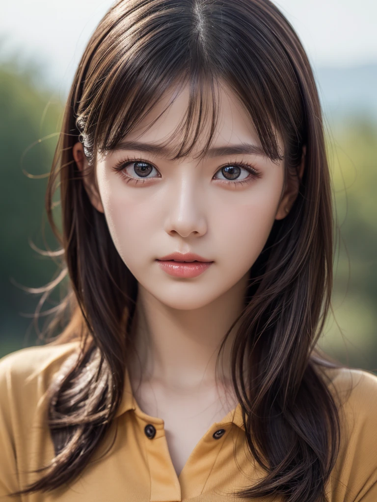 (Highest quality,8k,High resolution,masterpiece:1.2),Digital Art, girl,Delicate face,Delicate eyes,Shallow brown hair,Long Straight Hair,Sparkling amber eyes,Polo shirt ,particle,Dust,Warm colors,shy,in love,(HD Skins),Shallow depth of field