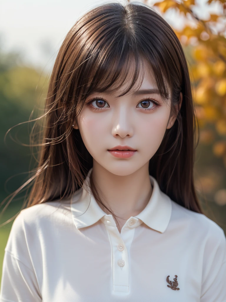 (Highest quality,8k,High resolution,masterpiece:1.2),Digital Art, girl,Delicate face,Delicate eyes,Shallow brown hair,Long Straight Hair,Sparkling amber eyes,Polo shirt ,particle,Dust,Warm colors,shy,in love,(HD Skins),Shallow depth of field