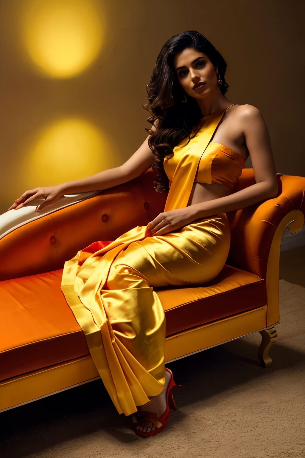 (( yellow red satin saree)) Indian model ((reclining on a luxurious orange chaise lounge)) , set against a dark background, with luscious flowing locks, slim figure, ample cleavage, toned legs, and (( strappy white heels)), exuding confidence and glamour."