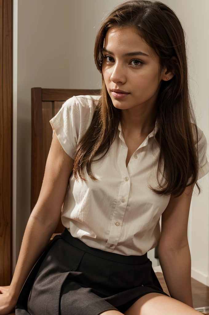 photography,Girl, 25 years, Brown hair, slim,infantry, clear skin, Nubian nose, sitting with red blouse, black skirt, beautiful